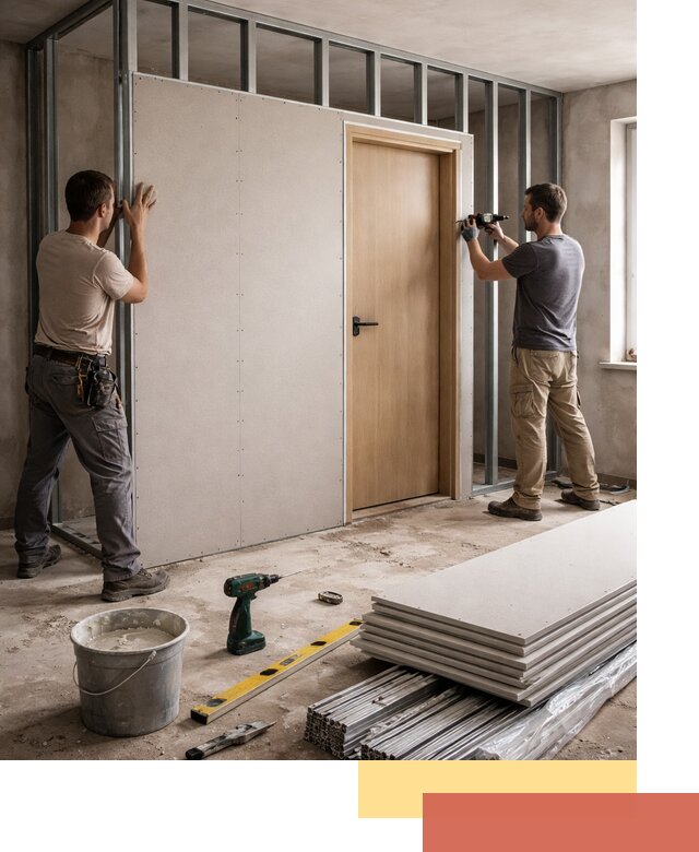 Перегородка из гипсокартона с дверью под ключ в Ноябрьске