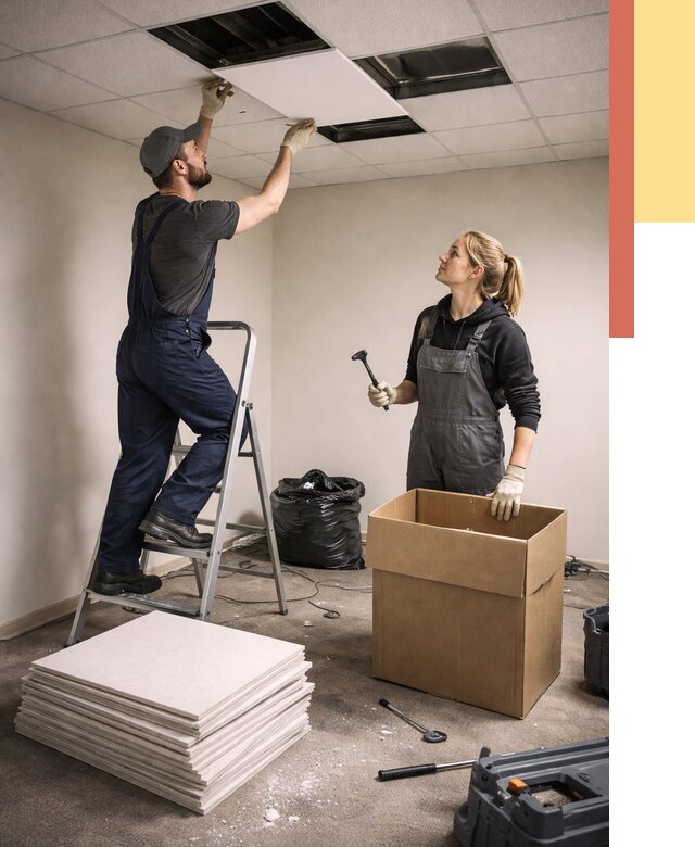 Демонтаж потолочной плитки в Ноябрьске от 4559 руб. быстро и недорого | ОТДЕЛОЧНИК-Нбс