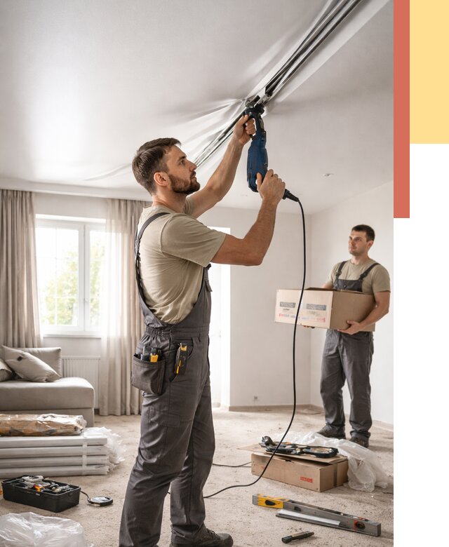 Монтаж сатинового натяжного потолка в Ноябрьске от 3546 руб. | Быстро, недорого — ОТДЕЛОЧНИК-Нбс