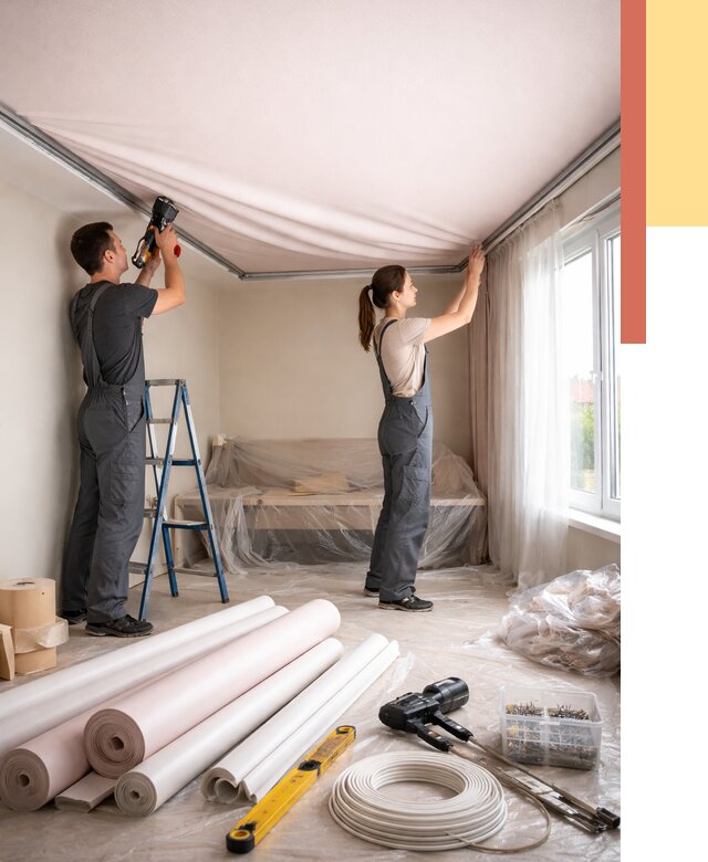 Монтаж цветного натяжного потолка в Ноябрьске от 4255 руб/м² — быстро и недорого | ОТДЕЛОЧНИК-Нбс