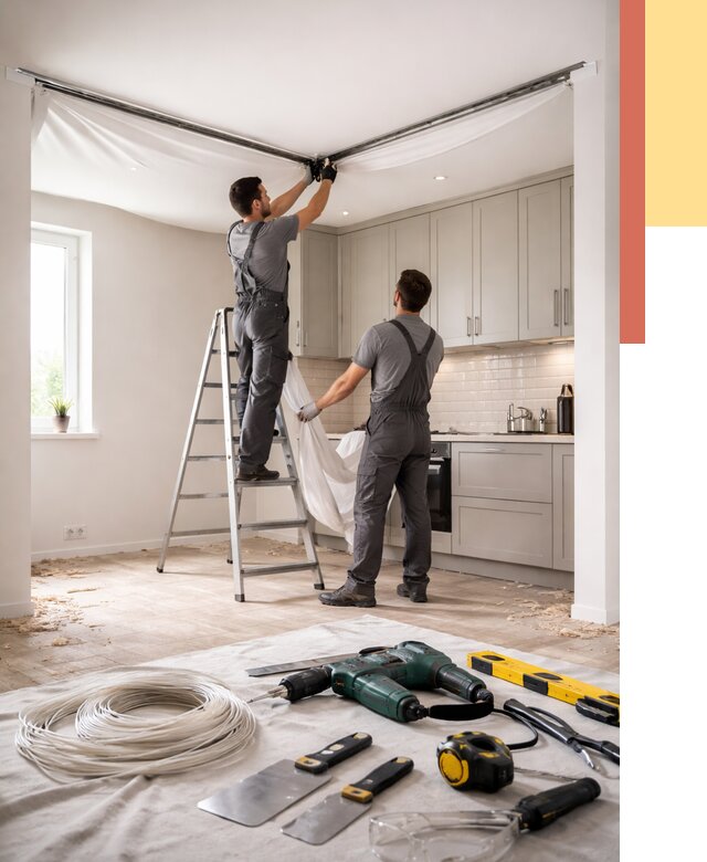 Установка натяжного потолка на кухне в Ноябрьске от 2431 руб. | ОТДЕЛОЧНИК-Нбс