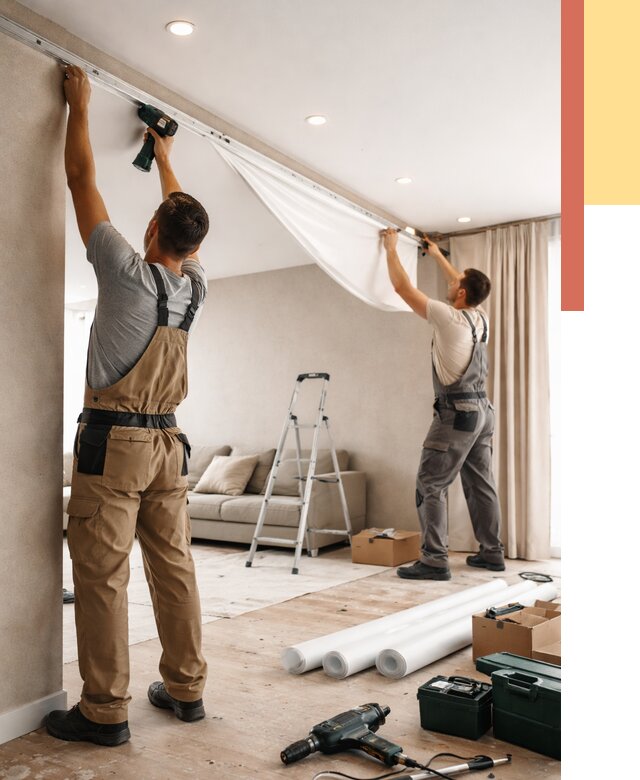 Монтаж натяжного потолка в гостиной в Ноябрьске от 557 руб. | ОТДЕЛОЧНИК-Нбс