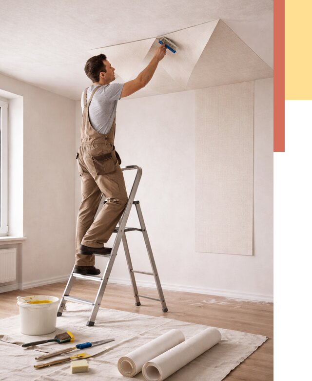 Поклейка обоев на потолок в Ноябрьске от 4559 руб. быстро и недорого | ОТДЕЛОЧНИК-Нбс